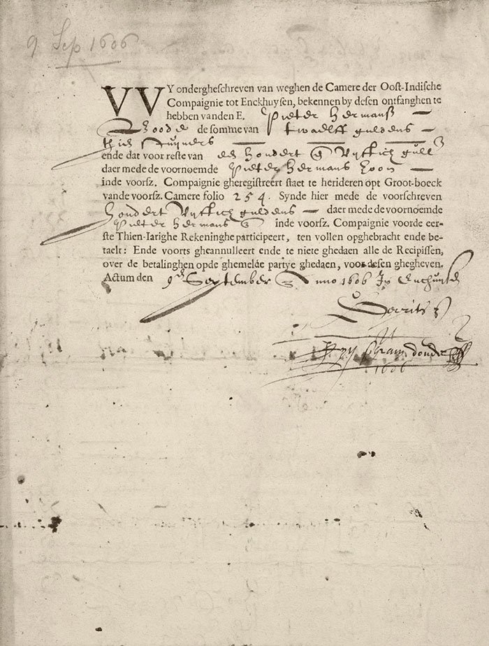 Cамая старая сохранившаяся квитанция о покупке в рассрочку акции ГОК (9 сентября 1606 г.).<br>Фото: Wikimedia Commons